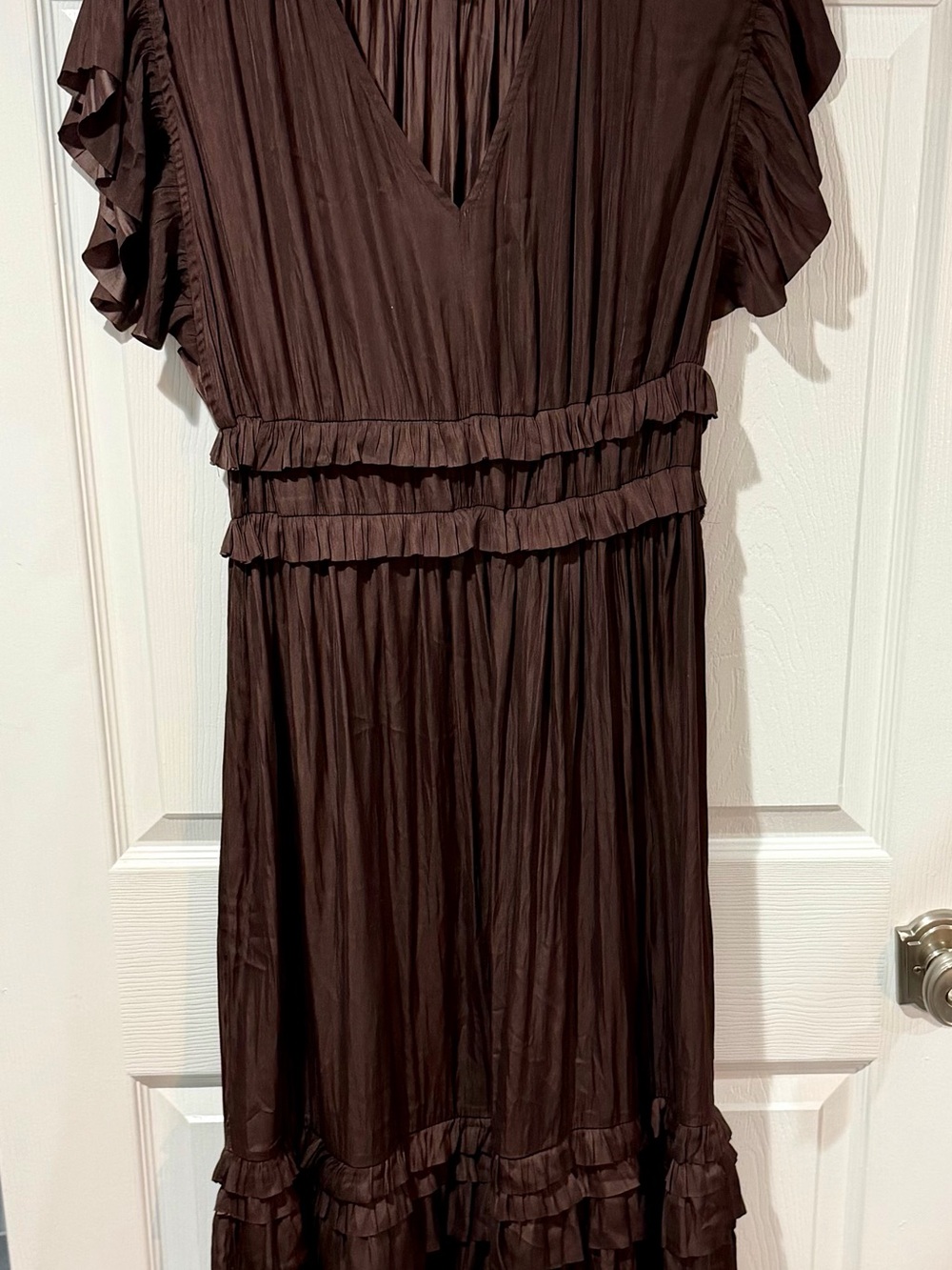 Ruffled V-Neck Midi Dress in Dark Brown